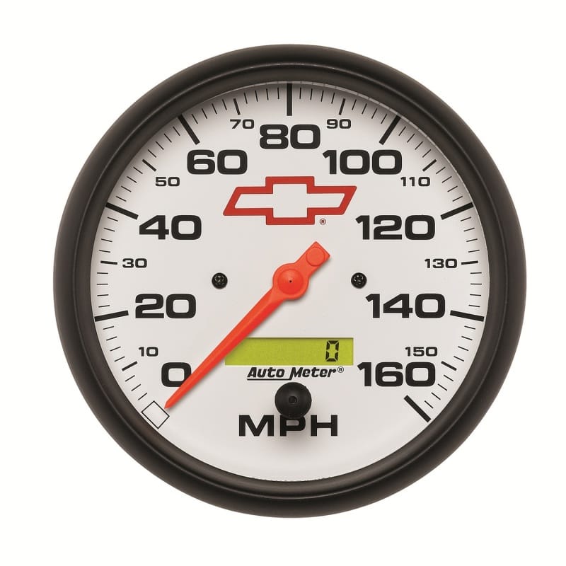 AutoMeter — GAUGE, SPEEDOMETER, 5", 160MPH, ELEC. PROGRAMMABLE, CHEVY RED BOWTIE, WHITE
