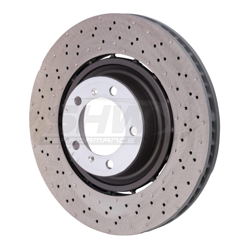 SHW Performance — SHW 14-19 Porsche 911 Turbo 3.8L w/o Ceramics Left Front Drilled-Dimpled LW Brake Rotor (9P1615301K)