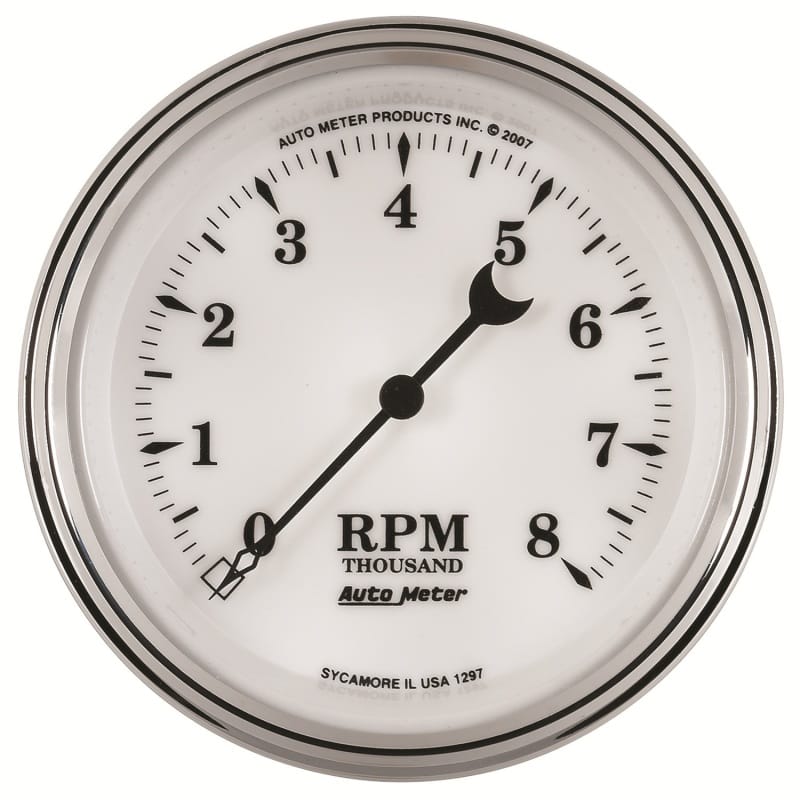 AutoMeter — GAUGE, TACHOMETER, 3 3/8" , 8K RPM, IN-DASH, OLD TYME WHITE II