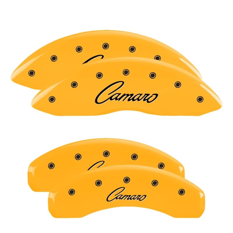 MGP — Set of 4 caliper covers, Engraved Front and Rear: Cursive/Camaro, Yellow powder 