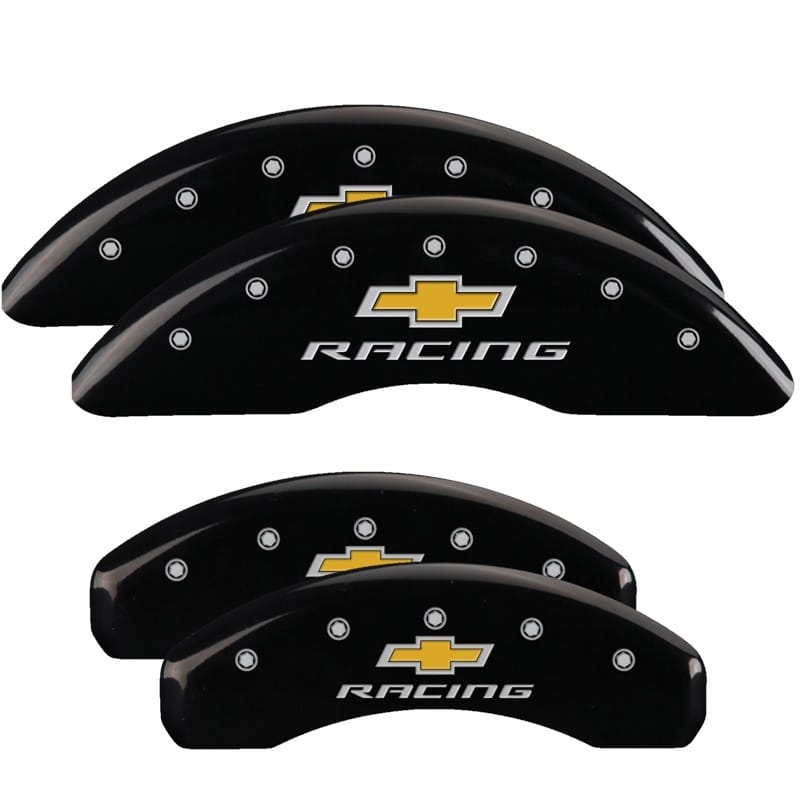 MGP — Set of 4 caliper covers, Engraved Front and Rear: Chevy racing, Black powder coa