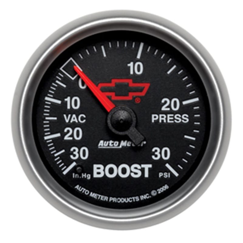 AutoMeter — GAGE, VAC/BOOST, 2 1/16", 30INHG-30PSI, DIGTL STPPR MTR, CHEVY RED BOWTIE, BLACK