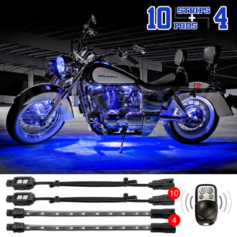 XKGLOW — XK Glow Strips Single Color XKGLOW LED Accent Light Motorcycle Kit Blue - 10xPod + 4x8In