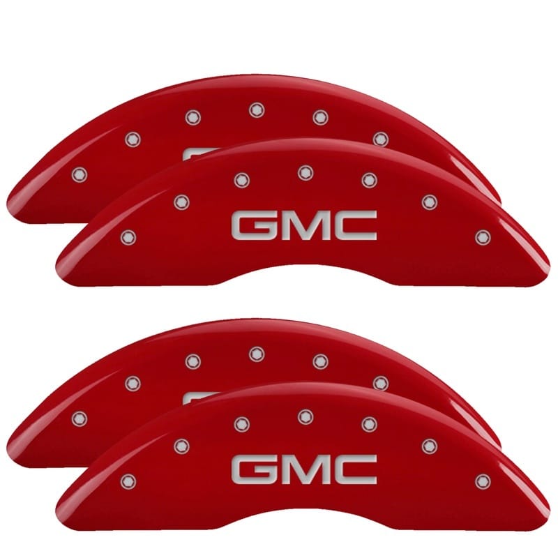 MGP — Set of 4 caliper covers, Engraved Front and Rear: GMC, Red powder coat finish, s