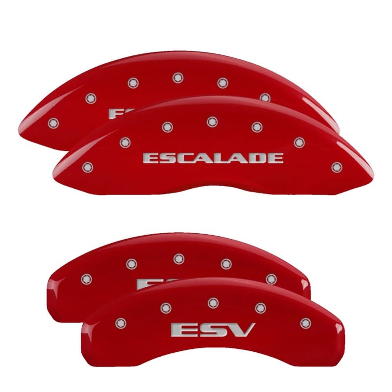 MGP — Set of 4 caliper covers, Engraved Front: Escalade - Engraved Rear: ESV, Red powd