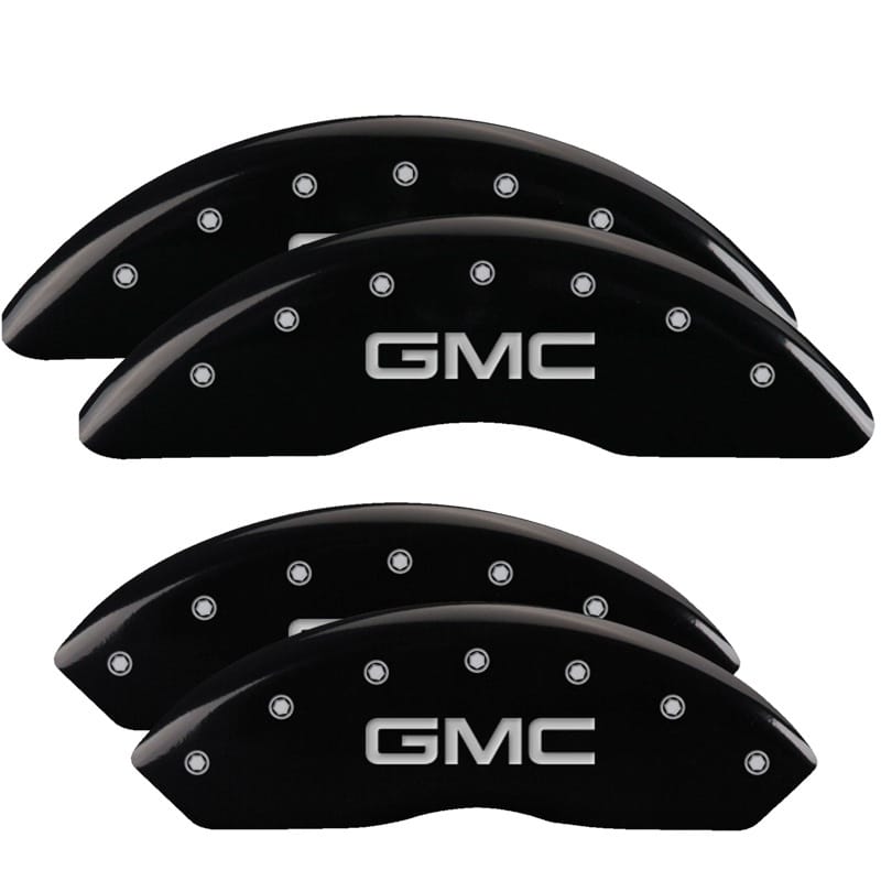 MGP — Set of 4 caliper covers, Engraved Front and Rear: GMC, Black powder coat finish,