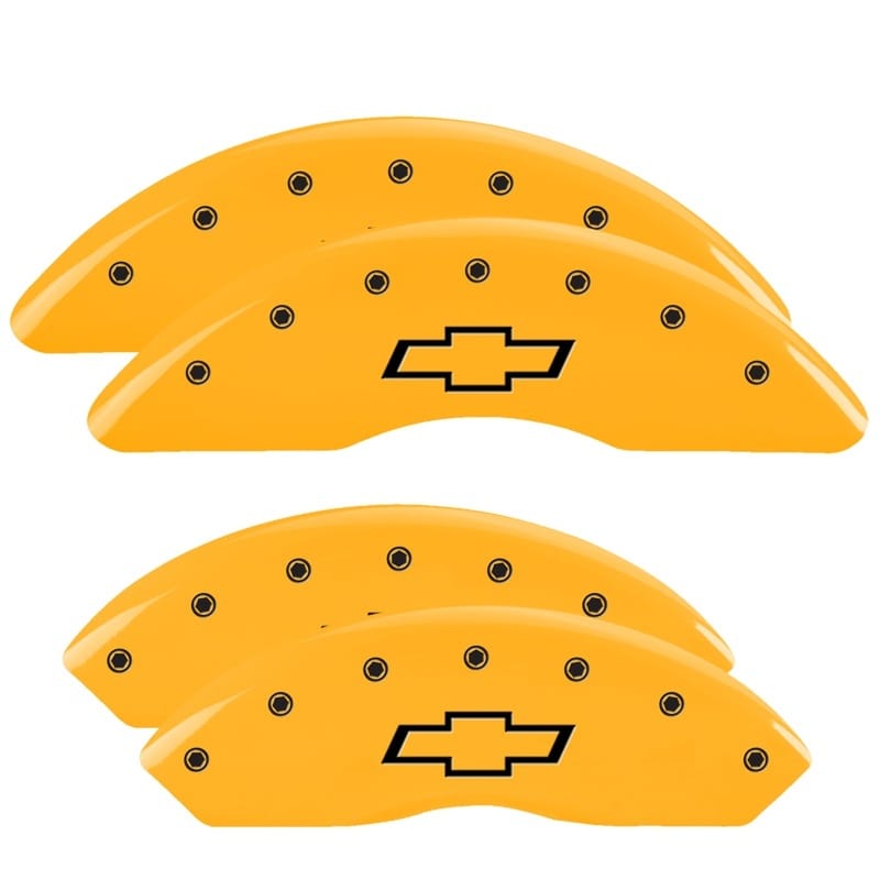 MGP — Set of 4 caliper covers, Engraved Front and Rear: Bowtie, Yellow powder coat fin