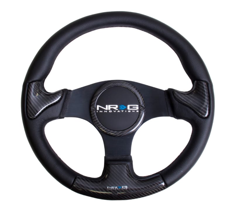 NRG — NRG Carbon Fiber Steering Wheel (350mm) Blk Frame Blk Stitching w/Rubber Cover Horn Button