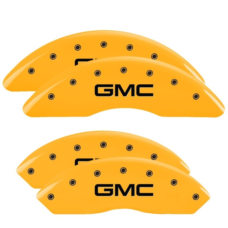 MGP — Set of 4 caliper covers, Engraved Front and Rear: GMC, Yellow powder coat finish