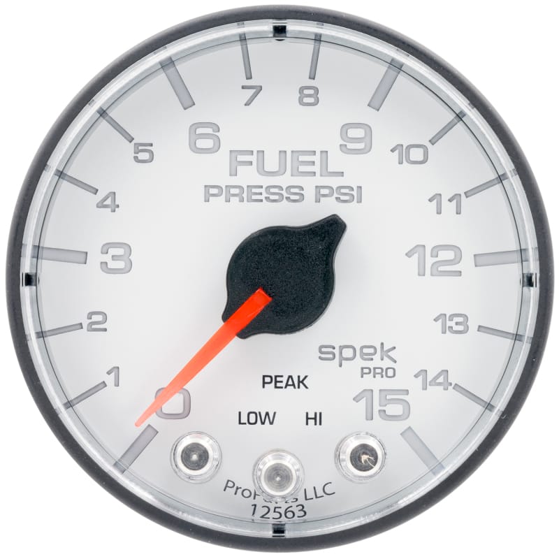 AutoMeter — GAUGE, FUEL PRESS, 2 1/16", 15PSI, STEPPER MOTOR W/PEAK & WARN, WHT/BLK, SPEK