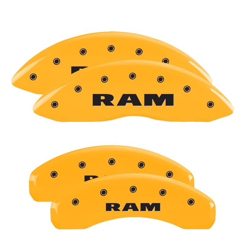 MGP — Set of 4 caliper covers, Engraved Front and Rear: RAM, Yellow powder coat finish