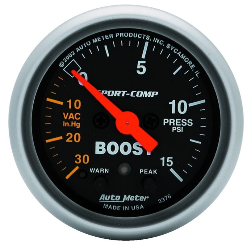 AutoMeter — GAUGE, VAC/BOOST, 2 1/16", 30INHG-15PSI, STEPPER MOTOR W/PEAK & WARN, SPORT-COMP