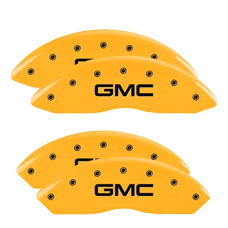 MGP — Set of 4 caliper covers, Engraved Front and Rear: GMC, Yellow powder coat finish