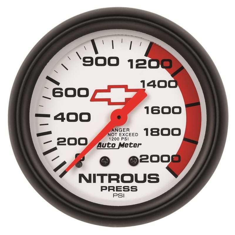 AutoMeter — GAUGE, NITROUS PRESSURE, 2 5/8", 2000PSI, MECHANICAL, CHEVY RED BOWTIE, WHITE