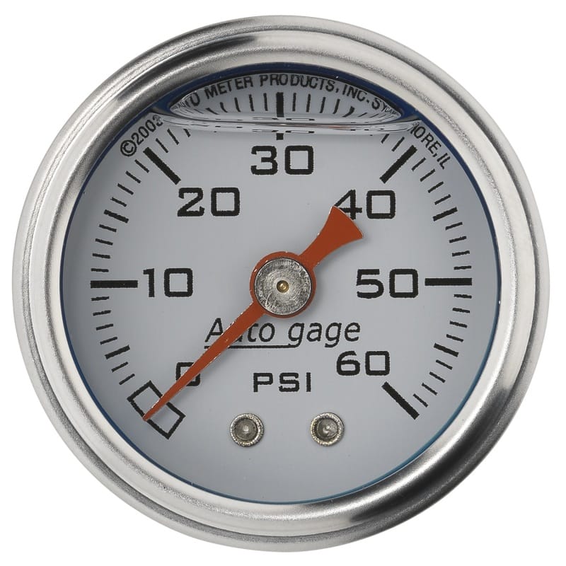AutoMeter — GAUGE, PRESSURE, 1.5" DIRECT MNT, 60PSI, LIQUID FILLED MECH, WHT, 1/8" NPTF MALE