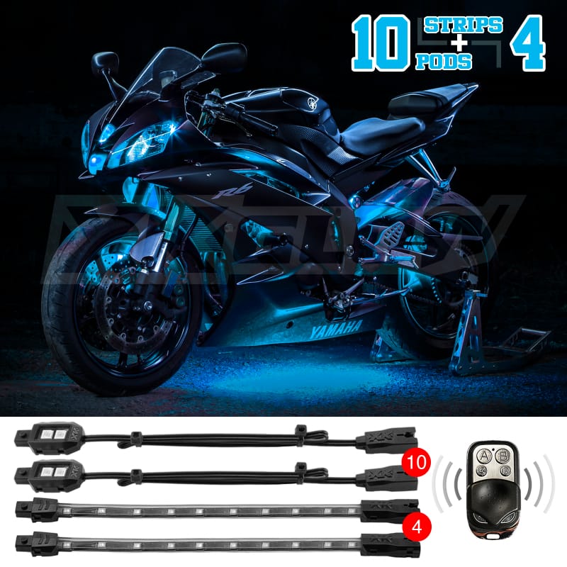 XKGLOW — XK Glow Strips Single Color XKGLOW LED Accent Light Motorcycle Kit Light Blue - 10xPod + 4x8In