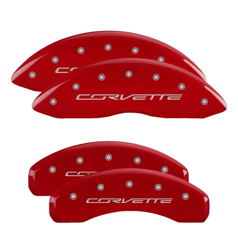 MGP — Set of 4 caliper covers, Engraved Front and Rear: C7/Corvette, Red powder coat f