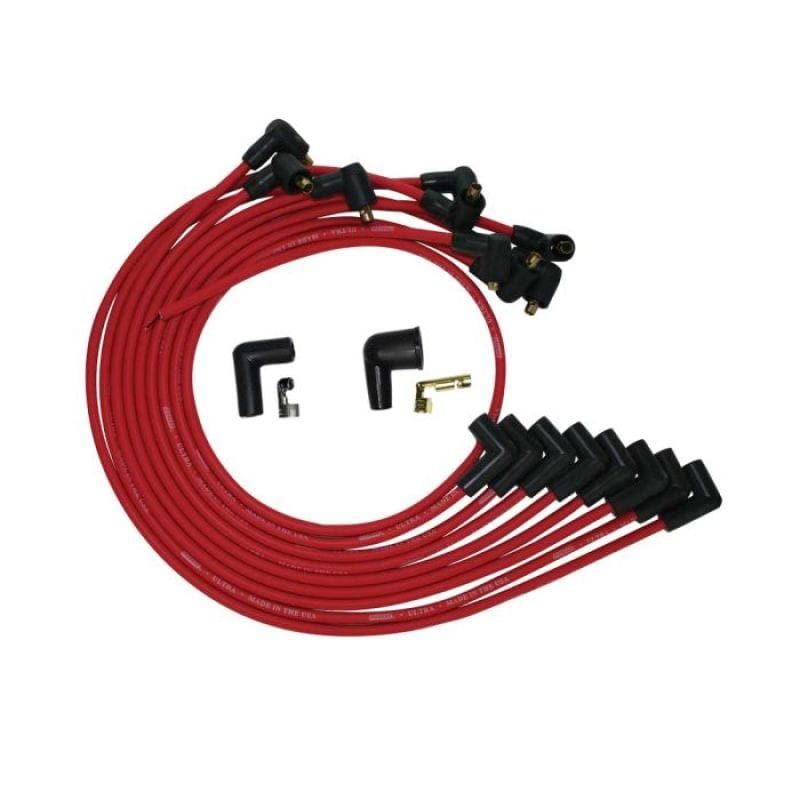 Moroso — Moroso BBC Under The Header 90 Deg Plug Boots HEI Ultra Spark Plug Wire Set - Red