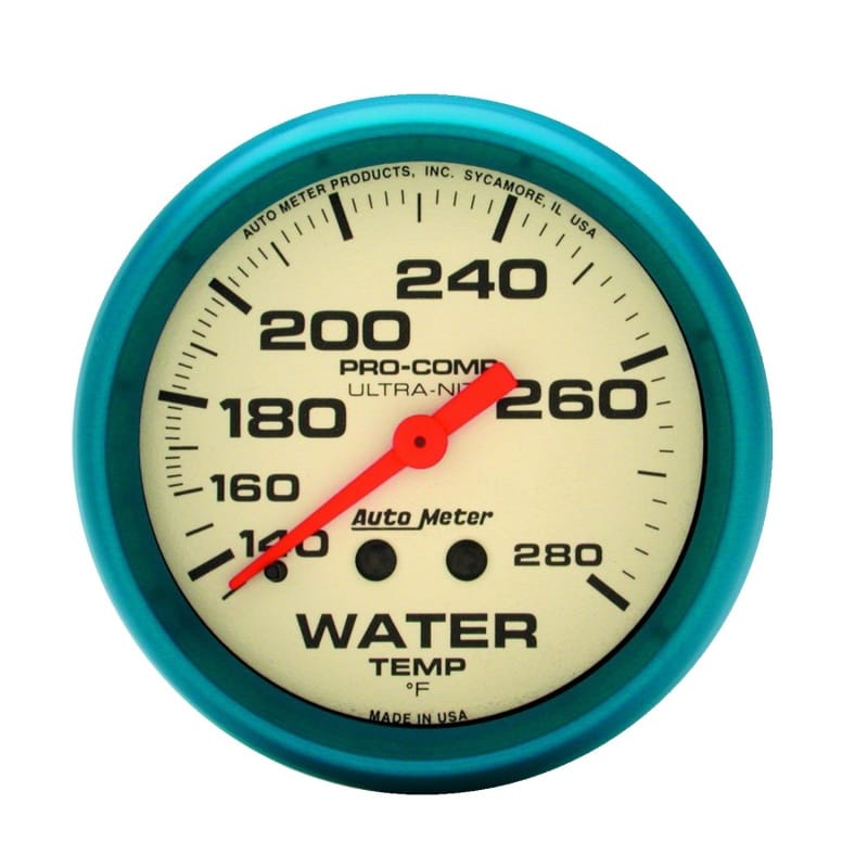 AutoMeter — GAUGE,WATER TEMP,2 5/8",140-280 Degrees F,MECH.,GLOW IN THE DARK,ULTRA-NITE