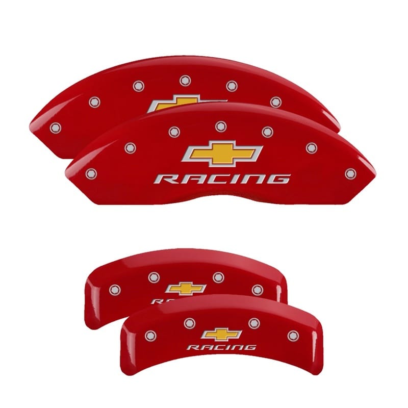 MGP — Set of 4 caliper covers, Engraved Front and Rear: Chevy racing, Red powder coat 