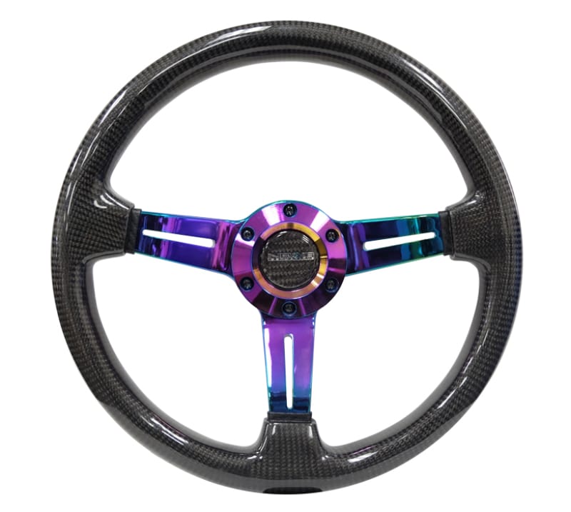 NRG — NRG Carbon Fiber Steering Wheel (350mm / 1.5in. Deep) Neochrome 3-Spoke Design w/Slit Cuts