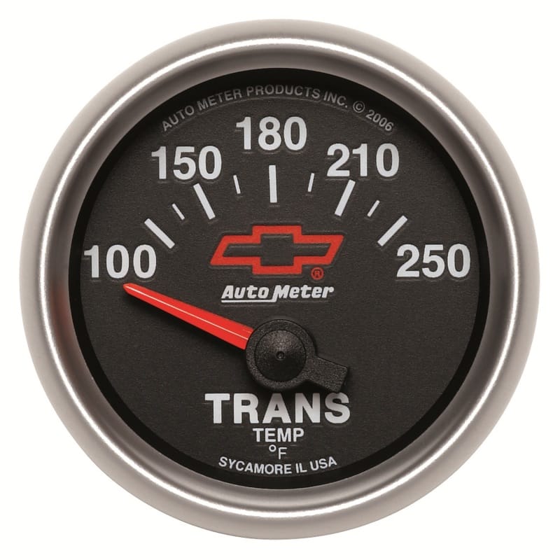 AutoMeter — GAUGE, TRANSMISSION TEMP, 2 1/16", 100-250?F, ELECTRIC, CHEVY RED BOWTIE, BLACK