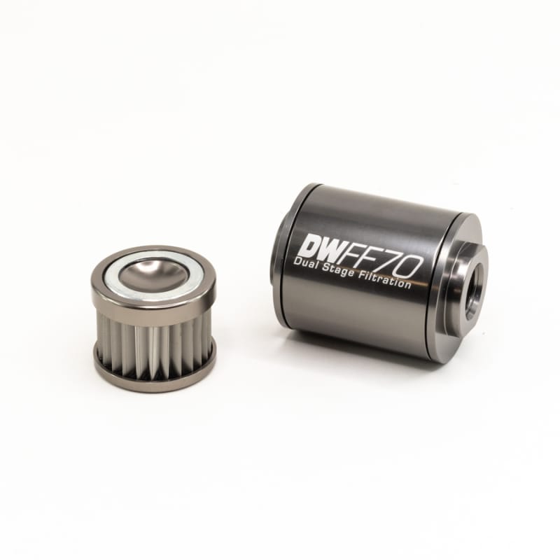 DeatschWerks — 10AN Female, 10 micron, 70mm In-line fuel filter kit
in-line fuel filter and housing kit