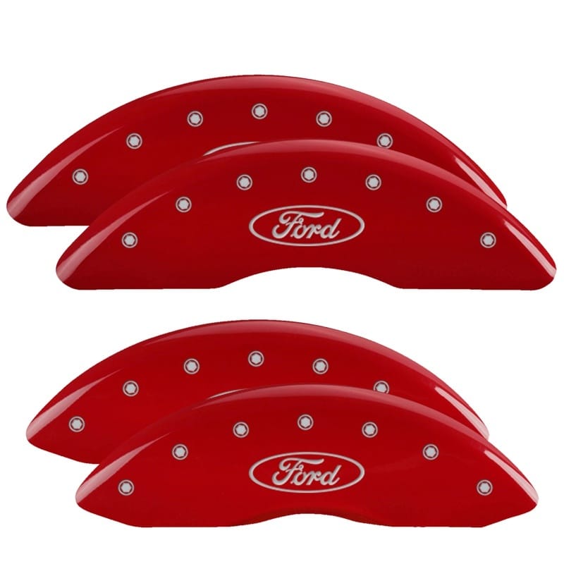 MGP — Set of 4 caliper covers, Engraved Front and Rear: Oval logo/Ford, Red powder coa