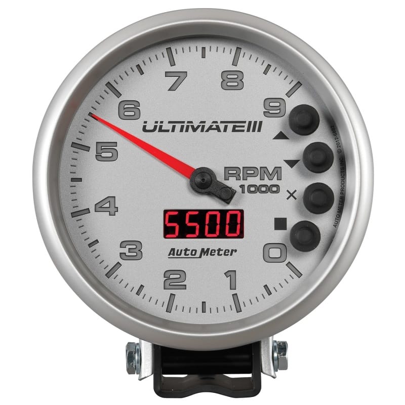 AutoMeter — GAUGE, TACH, 5" , 9K RPM, PEDESTAL, DATALOGGING, ULTIMATE III PLAYBACK, SILVER
