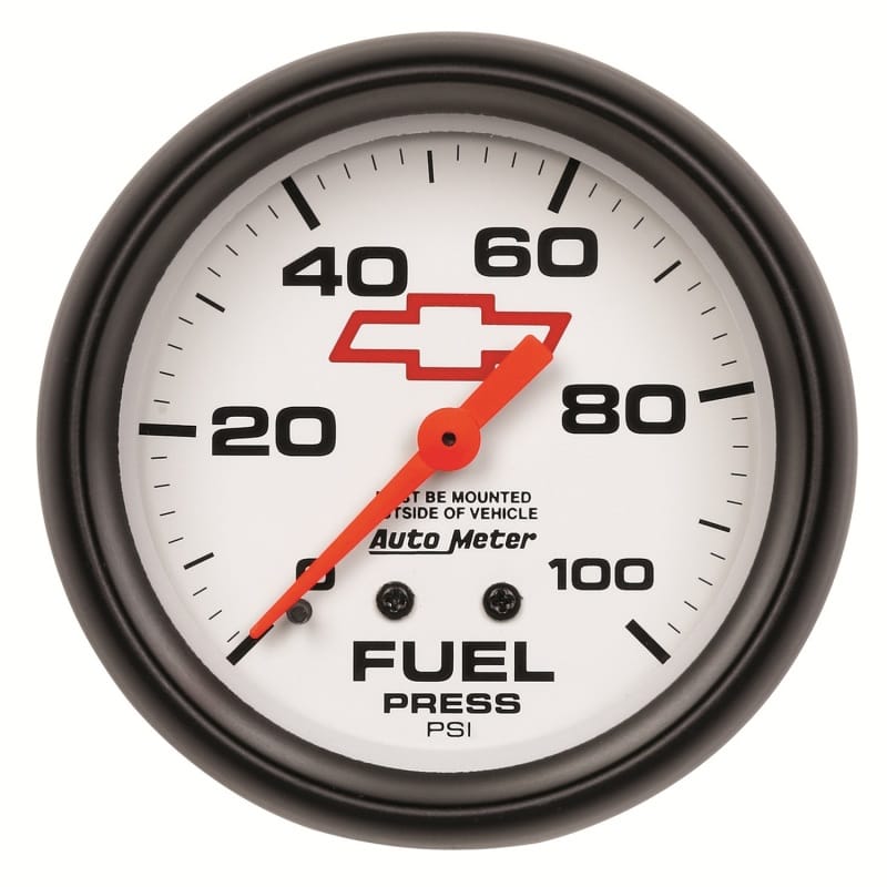 AutoMeter — GAUGE, FUEL PRESS, 2 5/8", 100PSI, MECHANICAL, CHEVY RED BOWTIE, WHITE