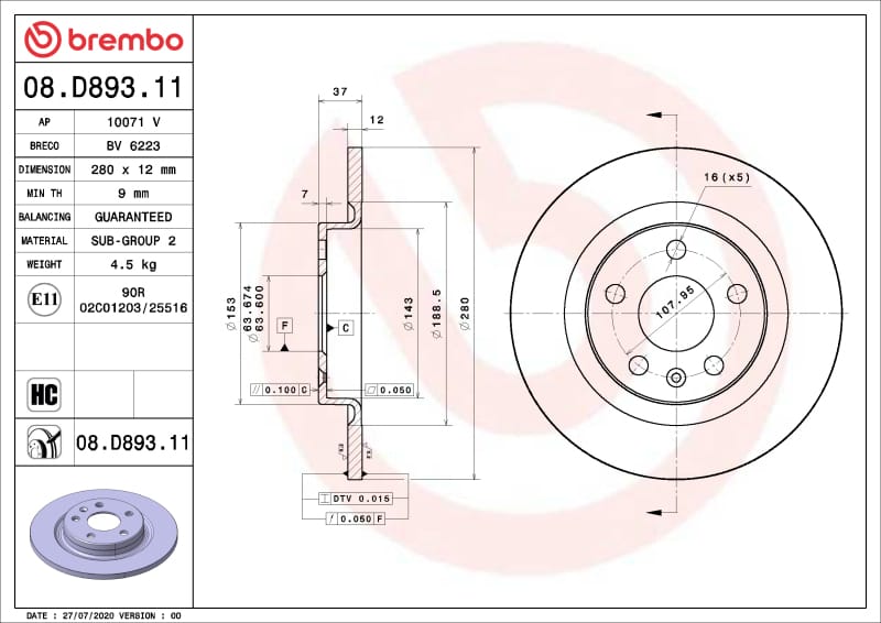 Brembo OE — Premium UV Coated Rear Brake Rotor
