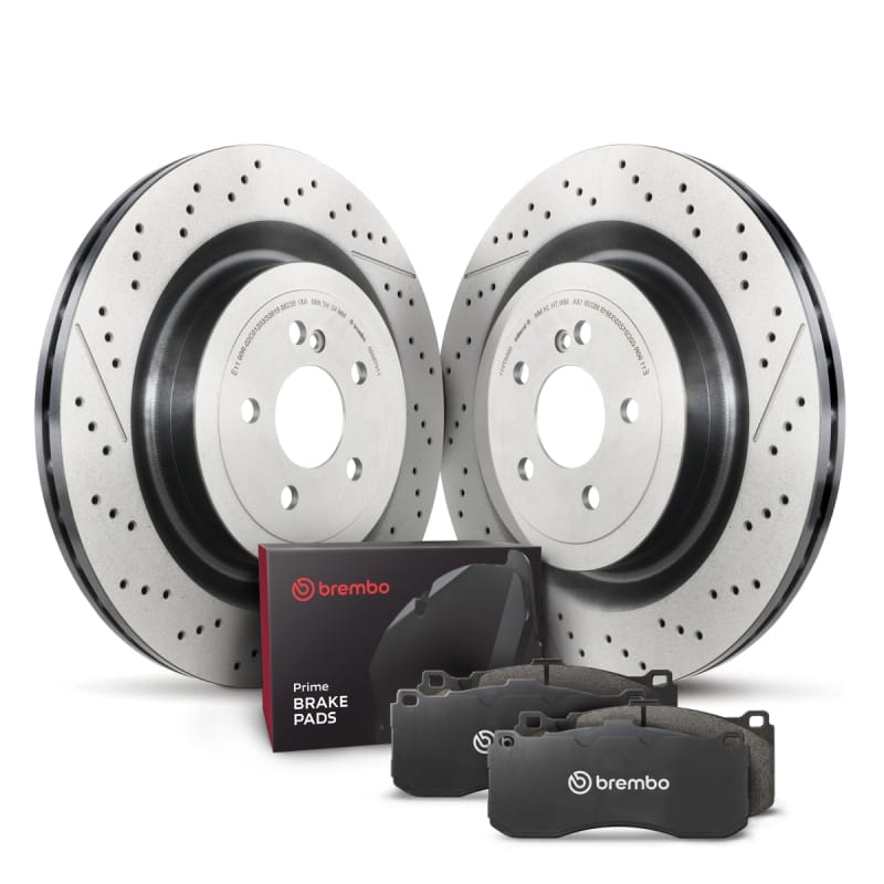 Brembo OE — Brembo low-met brake pad and UV coated PVT drilled and slotted brake disc kit