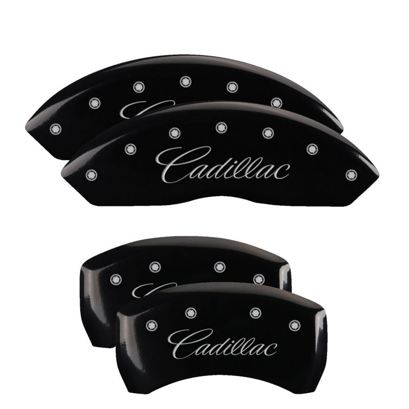 MGP — Set of 4 caliper covers, Engraved Front and Rear: Cursive/Cadillac, Black powder