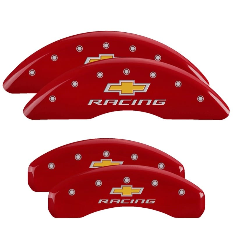 MGP — Set of 4 caliper covers, Engraved Front and Rear: Chevy racing, Red powder coat 