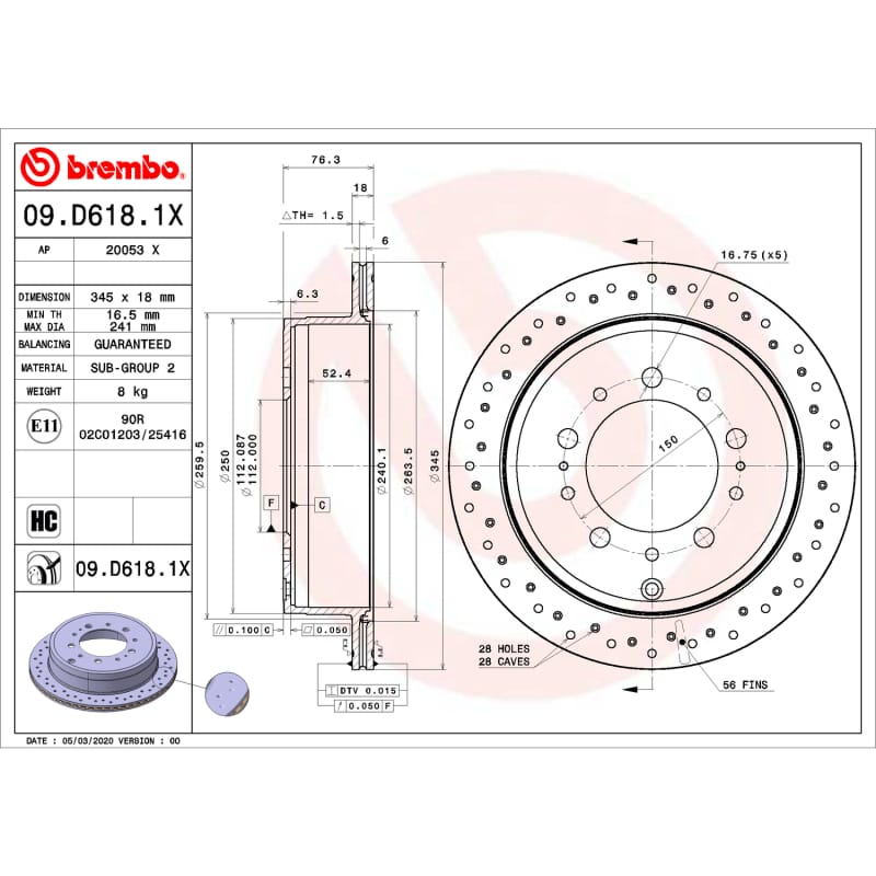 Brembo OE — Premium UV Coated Rear Xtra Cross Drilled Brake Rotor