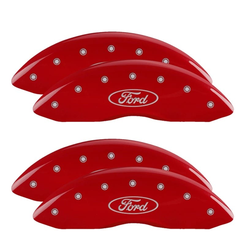 MGP — Set of 4 caliper covers, Engraved Front and Rear: Oval logo/Ford, Red powder coa