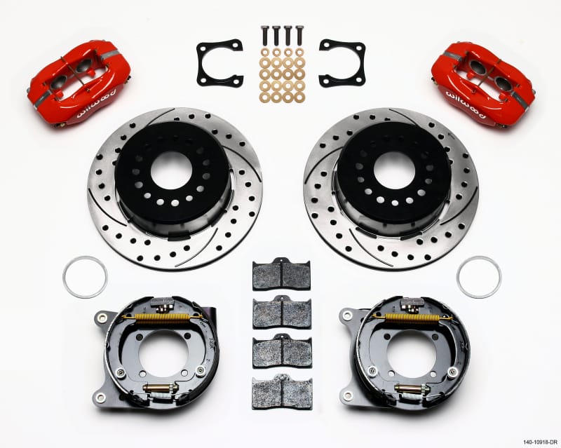 Wilwood — Wilwood Forged Dynalite P/S Park Brake Kit Drilled Red Chevy 12 Bolt-Spec 3.15in Brng Staggered mt
BRAKE KIT