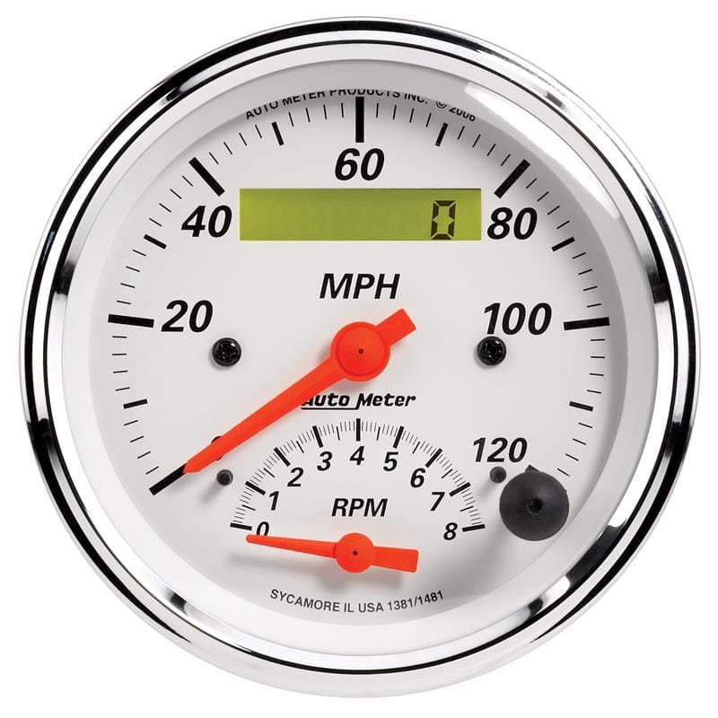 AutoMeter — GAUGE, TACH/SPEEDO, 3 3/8", 120MPH & 8K RPM, ELEC. PROGRAM., ARCTIC WHITE