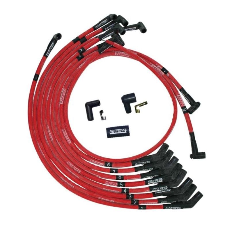 Moroso — Moroso SB Ford 351W 135 Deg Plug Boots HEI Sleeved Ultra Spark Plug Wire Set - Red