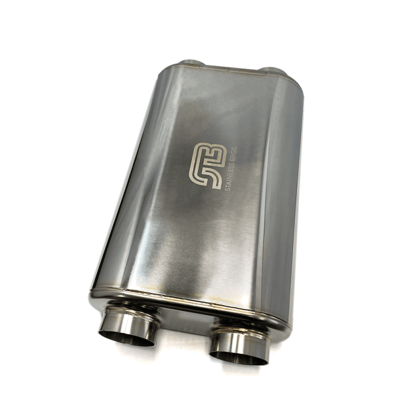 Stainless Bros — Stainless Bros 17in OAL 2.5in Thin Oval SS304 Polished Finish Muffler - 2.5in Dual In/Dual Out