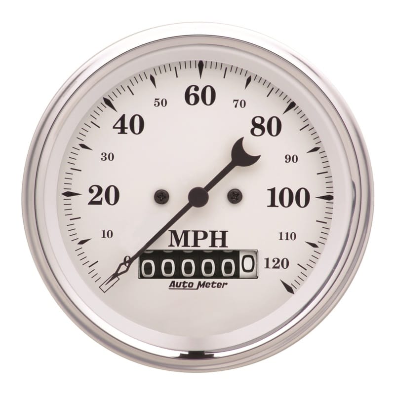 AutoMeter — AutoMeter Gauge Speedo. 3-3/8in. 120MPH Elec. Prog. W/ Wheel Odo Old Tyme White
3-3/8" SPEEDO, 120 M