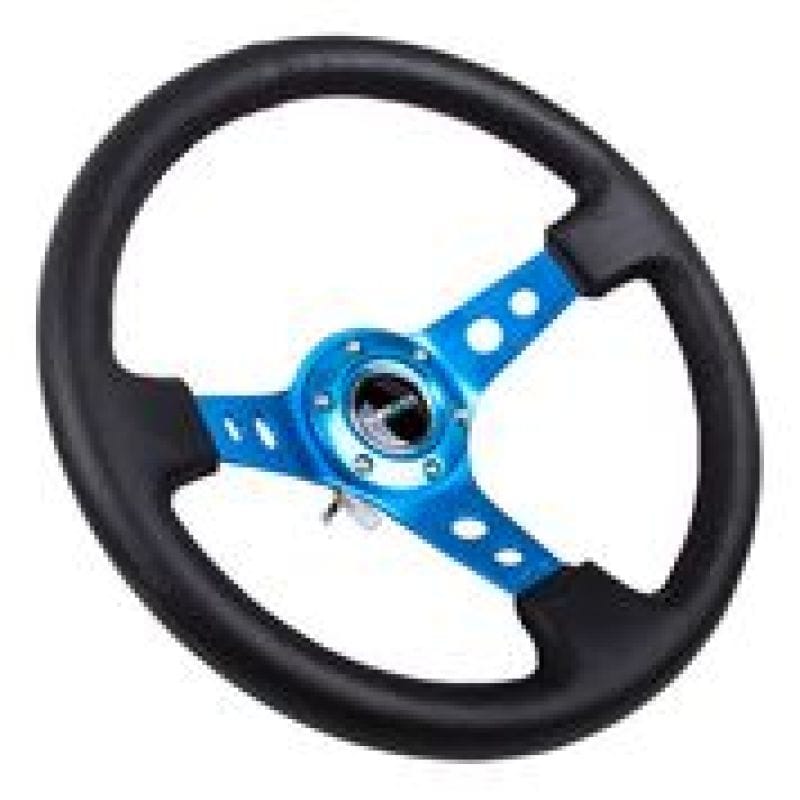 NRG — NRG Reinforced Steering Wheel (350mm / 3in. Deep) Blk Leather w/Blue Circle Cutout Spokes