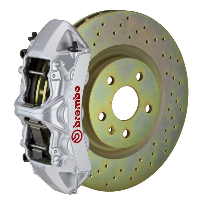 Brembo — Brembo 05-14 Mustang GT Excl non-ABS Equipped Fr GT BBK 6Pist Cast 355x32 1pc Rtr Drill-Silver
