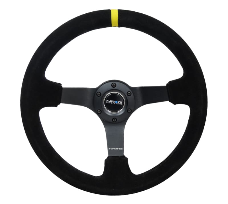 NRG — NRG Reinforced Steering Wheel (350mm / 3in. Deep) Blk Suede/X-Stitch w/5mm Blk Spoke & Yellow CM