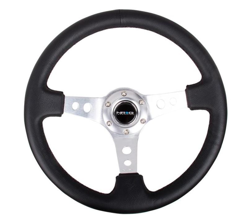 NRG — NRG Reinforced Steering Wheel (350mm / 3in. Deep) Blk Leather w/Silver Spoke & Circle Cutouts