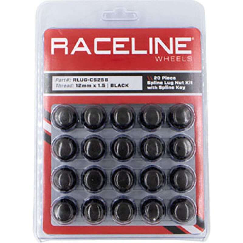 Raceline — Raceline Spline Lug Nut Kit with Spline Key 12 x 1.5 - 20 Pack - Black