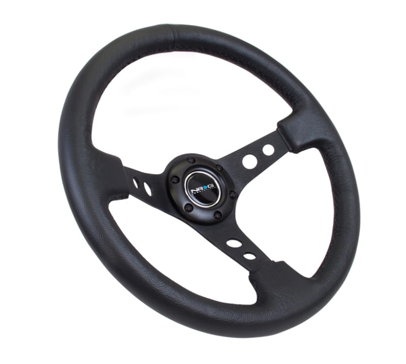 NRG — NRG Reinforced Steering Wheel (350mm / 3in. Deep) Blk Leather w/Blk Spoke & Circle Cutouts