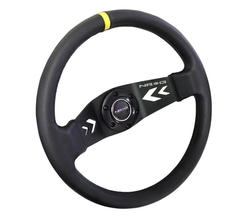 NRG — NRG Reinforced Steering Wheel (350mm / 3in Deep) Blk Leather w/NRG Arrow-Cut 2-Spoke & Sgl Yellow CM