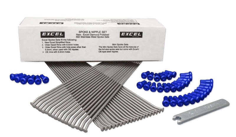 Excel — Excel Rear Spoke/Blue Nipple Set (w/ Wrench) - 8 Gauge / 36 Qty - Blue