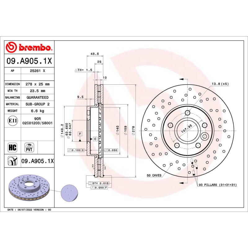 Brembo OE — Brembo OE 13-18 Ford C-Max/12-18 Focus/12-13 Volvo C30/C70 Drilled Xtra Brake Disc - Front
